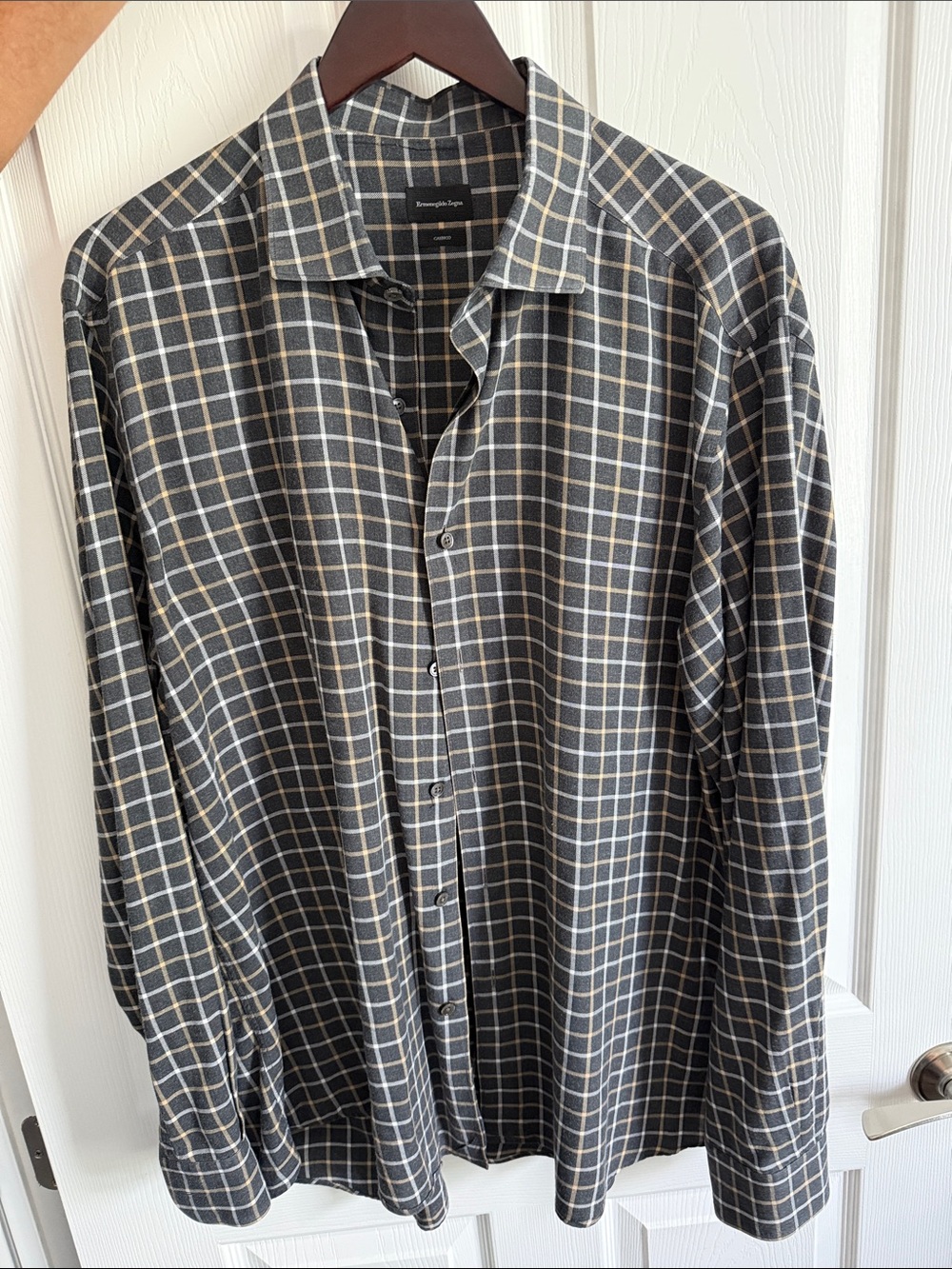 Ermenegildo Zegna Gray Plaid Button-Down Shirt with Cream Grid